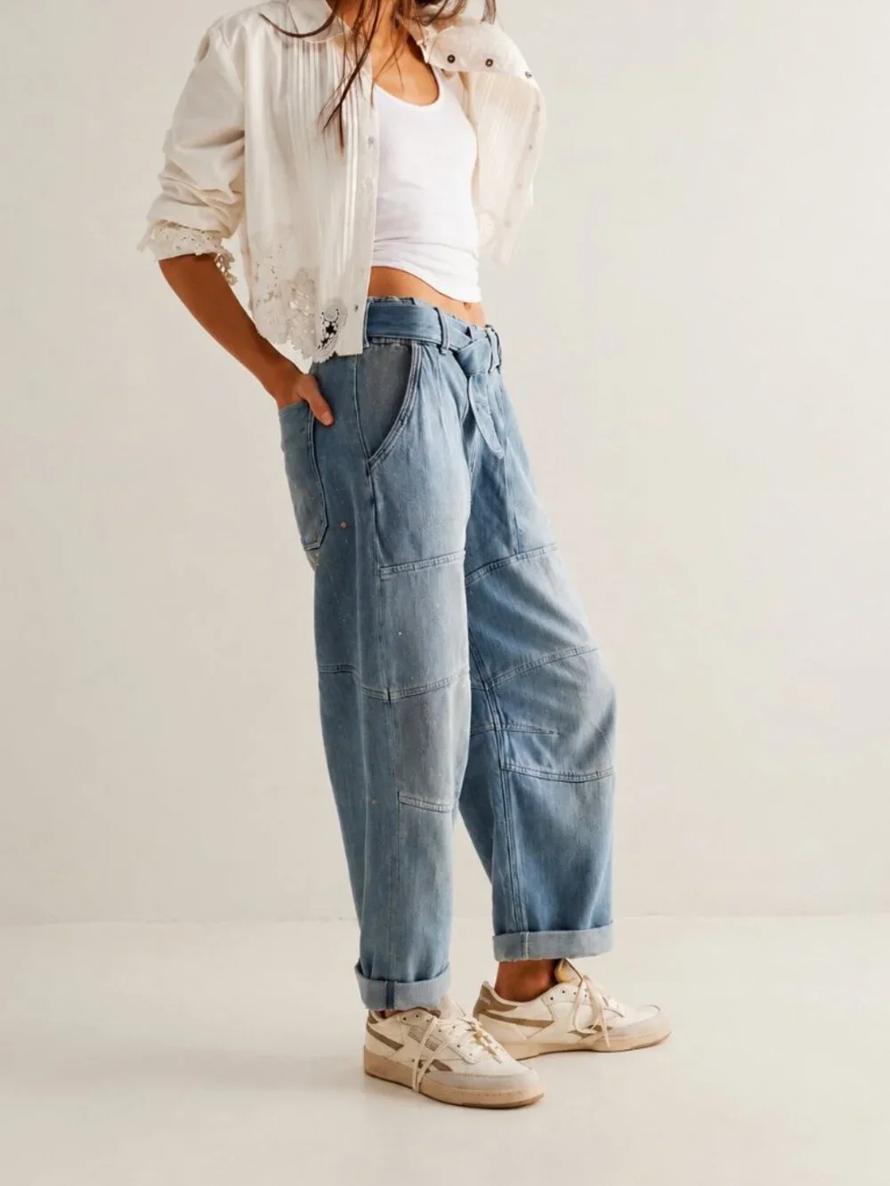 Free People We The Free Pavement Artist Slouchy Cropped Jeans XS Light Wash Belt